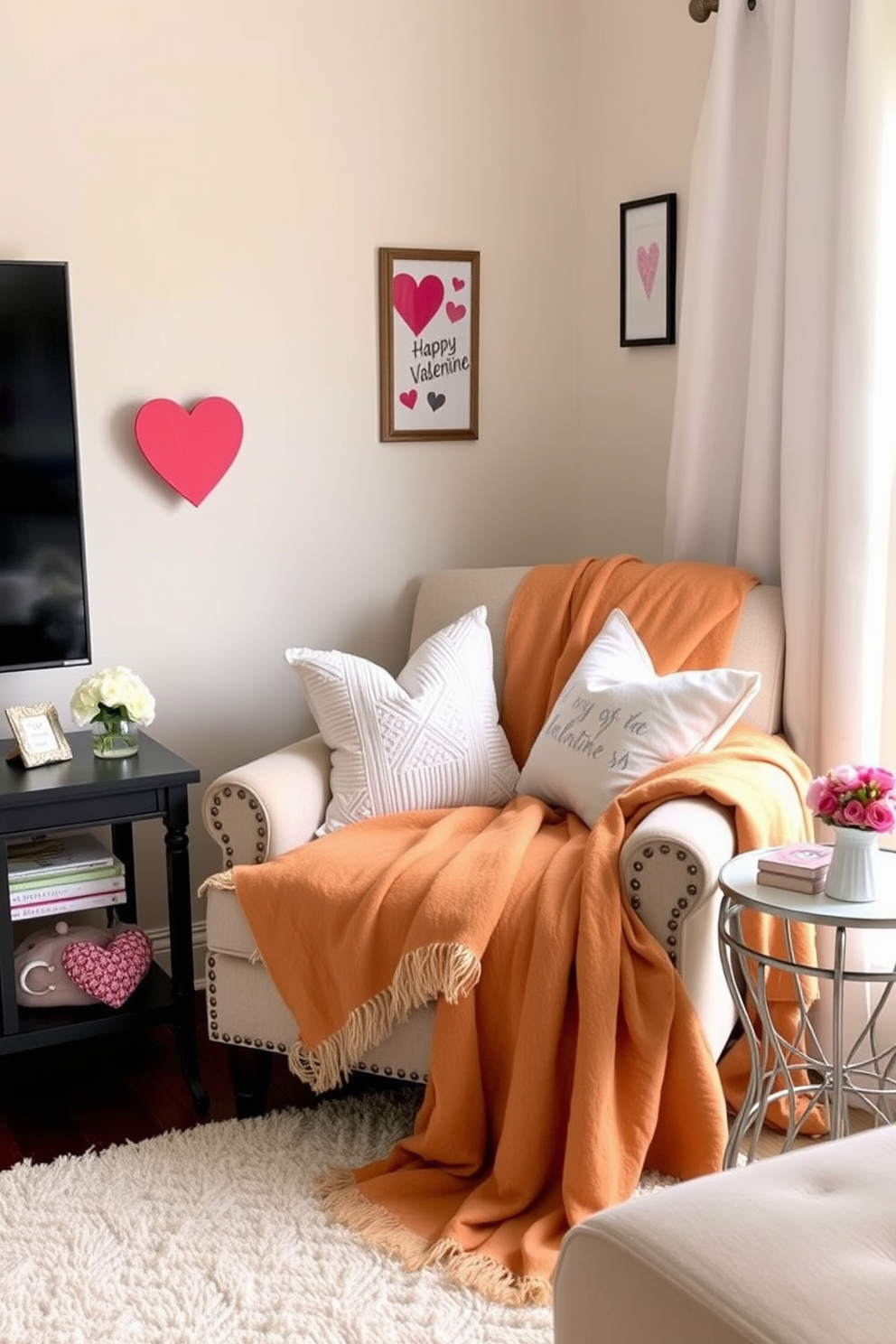 A cozy living room featuring an accent chair draped with a soft throw in a warm, inviting color. The space is adorned with subtle Valentine's Day decorations, including heart-shaped cushions and a small floral arrangement on the side table.