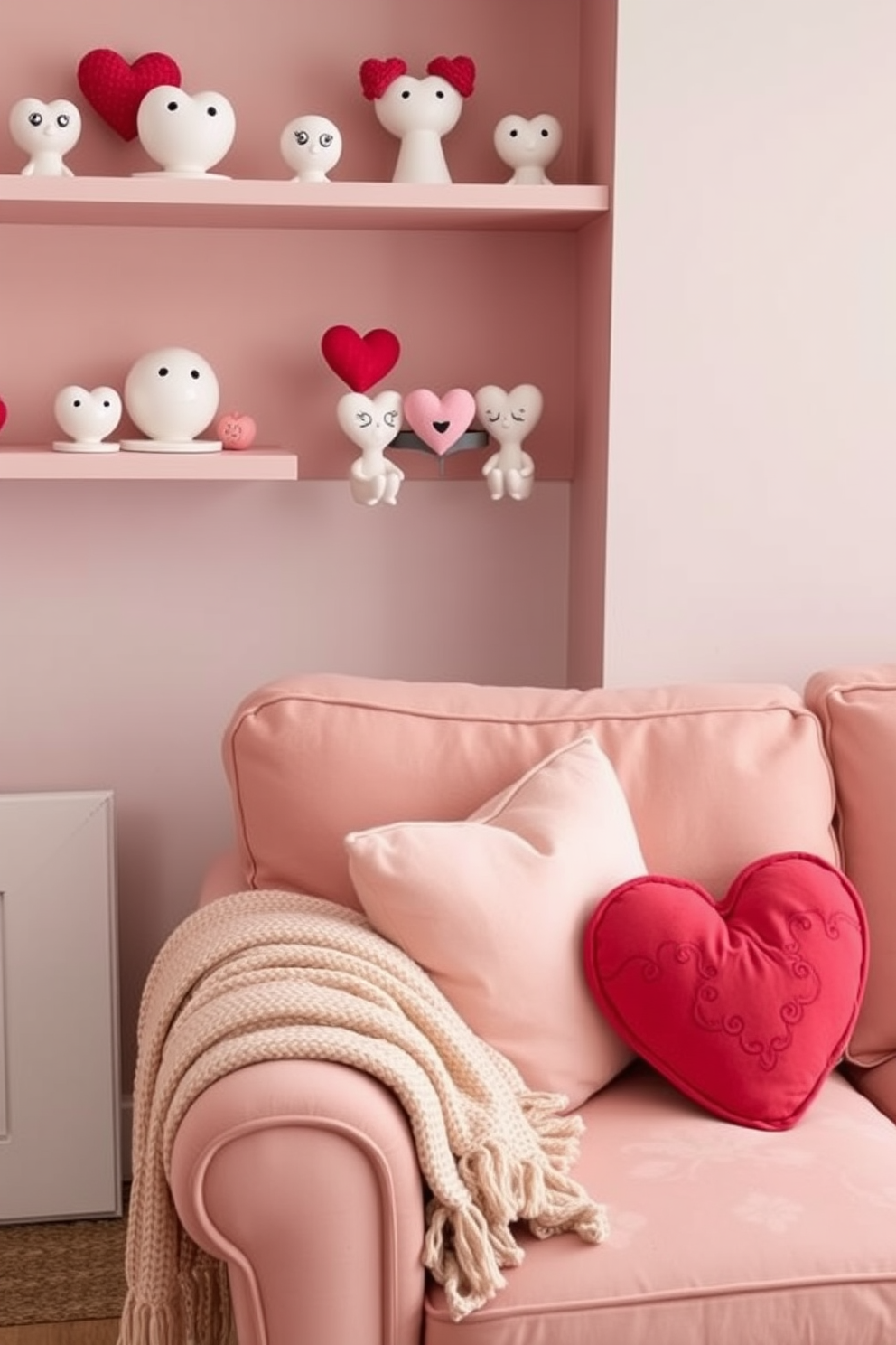 Cute love-themed figurines are displayed on open shelves, adding a whimsical touch to the small living room. Soft pastel colors dominate the decor, with heart-shaped cushions adorning the cozy sofa and a warm throw draped over the armrest.