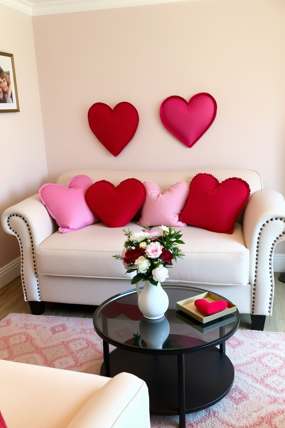 A cozy small living room adorned for Valentine's Day features a stylish sofa decorated with heart-shaped throw pillows in various shades of red and pink. The walls are painted in a soft pastel hue, and a small coffee table is set in front of the sofa, topped with a bouquet of fresh flowers in a charming vase.