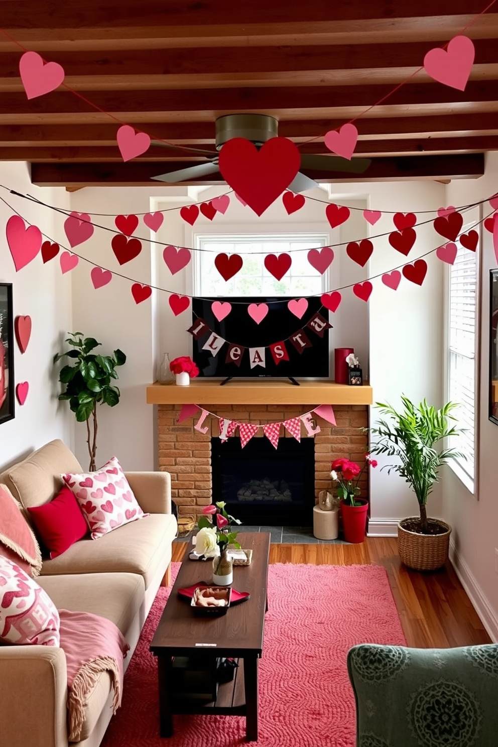 A cozy small living room adorned for Valentine's Day. Banners with hearts hang gracefully from the ceiling, adding a festive touch to the space.