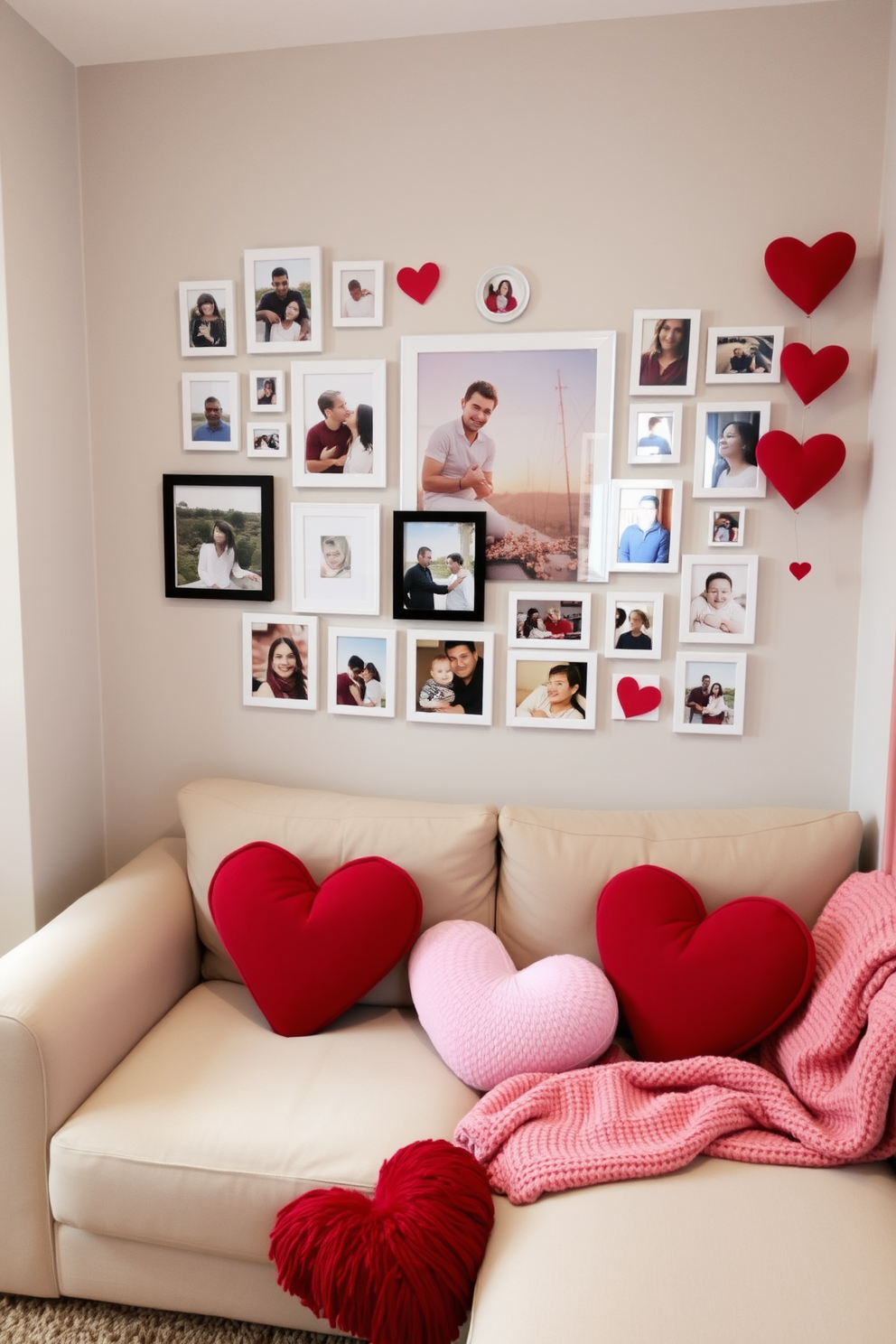 A personalized photo collage of memories is displayed on a feature wall in the small living room. The collage includes framed pictures in various sizes, showcasing cherished moments and loved ones. For Valentine's Day decorating ideas, soft pink and red accents are incorporated throughout the space. Heart-shaped cushions and a cozy throw blanket adorn the sofa, creating a warm and inviting atmosphere.