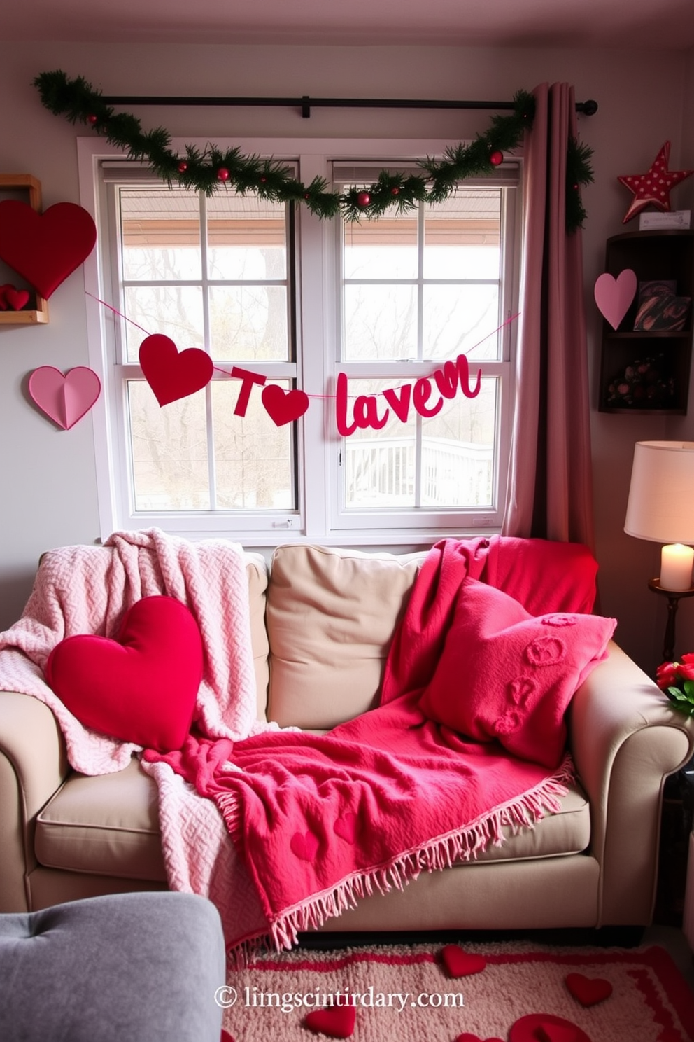 A cozy small living room adorned for Valentine's Day. Warm throw blankets in soft hues drape over a plush sofa, creating an inviting atmosphere.