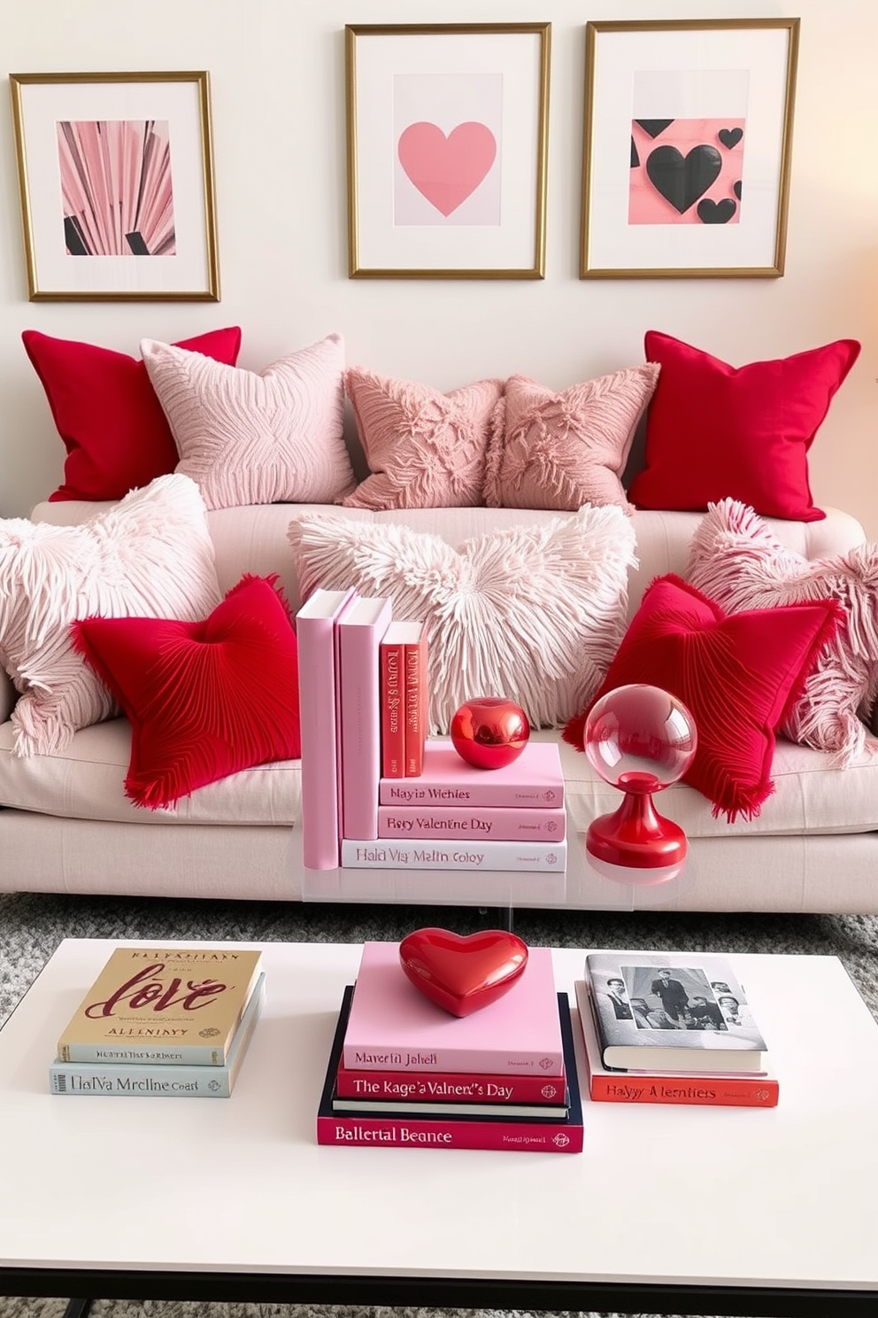 A small living room adorned with stylish pink and red decorative books arranged on a sleek coffee table. Plush cushions in coordinating colors are scattered across a comfortable sofa, creating a warm and inviting atmosphere for Valentine's Day.