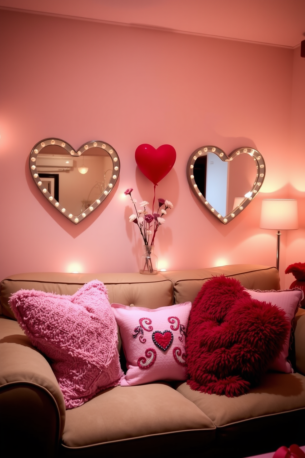 A charming small living room decorated for Valentine's Day features heart-shaped wall mirrors that reflect soft, ambient lighting. The space is adorned with cozy cushions in shades of pink and red, creating a warm and inviting atmosphere.