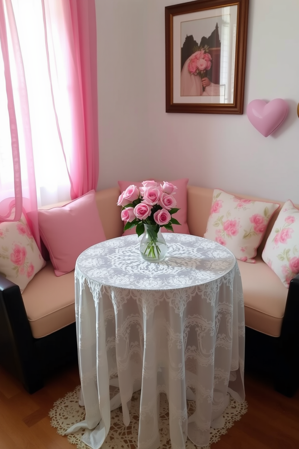 A delicate lace tablecloth drapes gracefully over a small round table, adding an air of elegance to the space. Soft pink and white accents complement the lace, creating a romantic atmosphere perfect for Valentine's Day. Cushions with floral patterns are arranged on a cozy sofa, inviting guests to relax. A vase filled with fresh roses sits at the center of the table, enhancing the charm of the small living room.