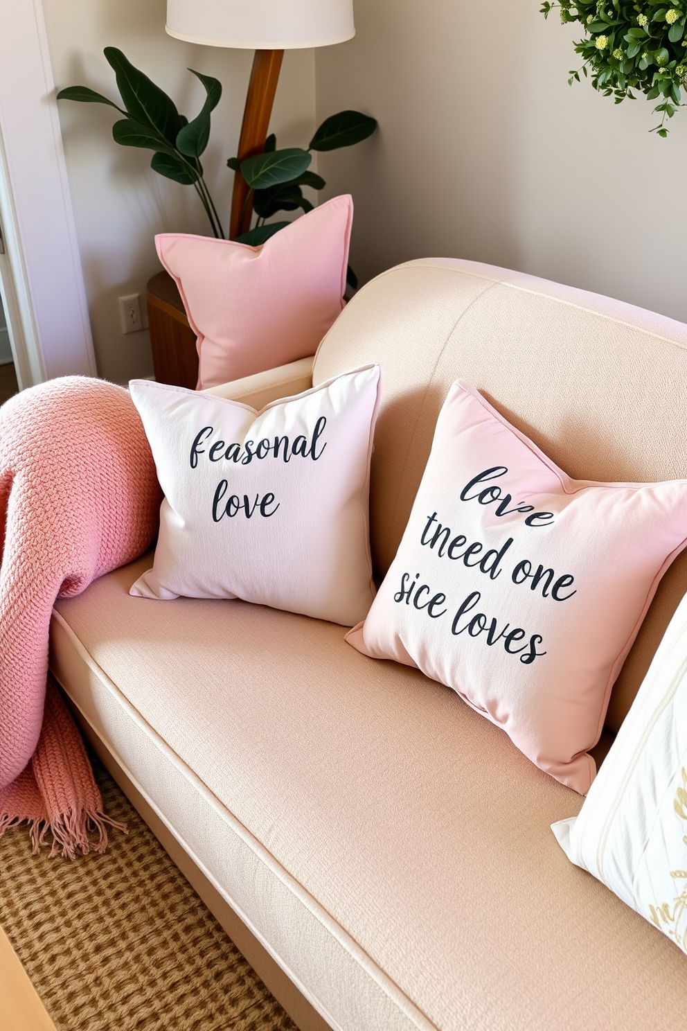 Cozy small living room adorned with seasonal pillows featuring love messages in soft pastel colors. The pillows are arranged on a plush sofa, complemented by a warm throw blanket draped over the armrest.