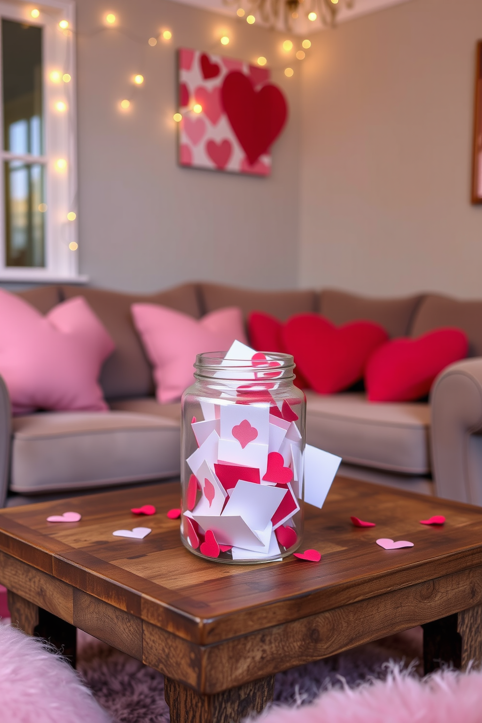 A charming display of miniature love letters nestled in a clear glass jar. The jar is placed on a rustic wooden coffee table surrounded by cozy seating in a small living room. Soft pink and red accents adorn the space, with heart-shaped cushions on the sofa. Delicate fairy lights twinkle above, creating a warm and inviting atmosphere for Valentine's Day.