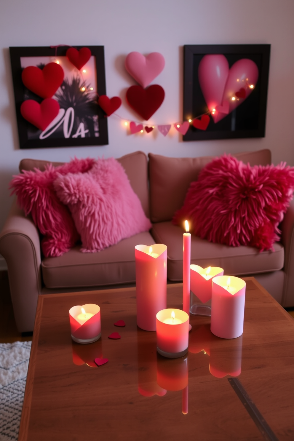 A cozy small living room adorned for Valentine's Day features heart-shaped candles placed on a coffee table, casting a warm and inviting glow. Plush cushions in shades of pink and red are arranged on a comfortable sofa, enhancing the romantic atmosphere.