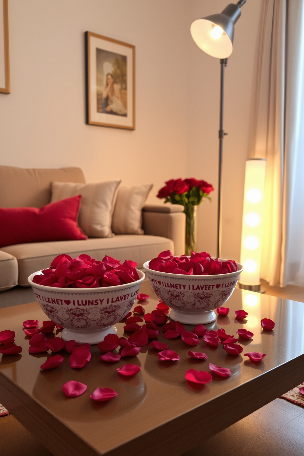 A cozy small living room adorned for Valentine's Day with decorative bowls filled with vibrant rose petals placed on a coffee table. Soft lighting emanates from a stylish floor lamp, creating an inviting atmosphere perfect for romance.