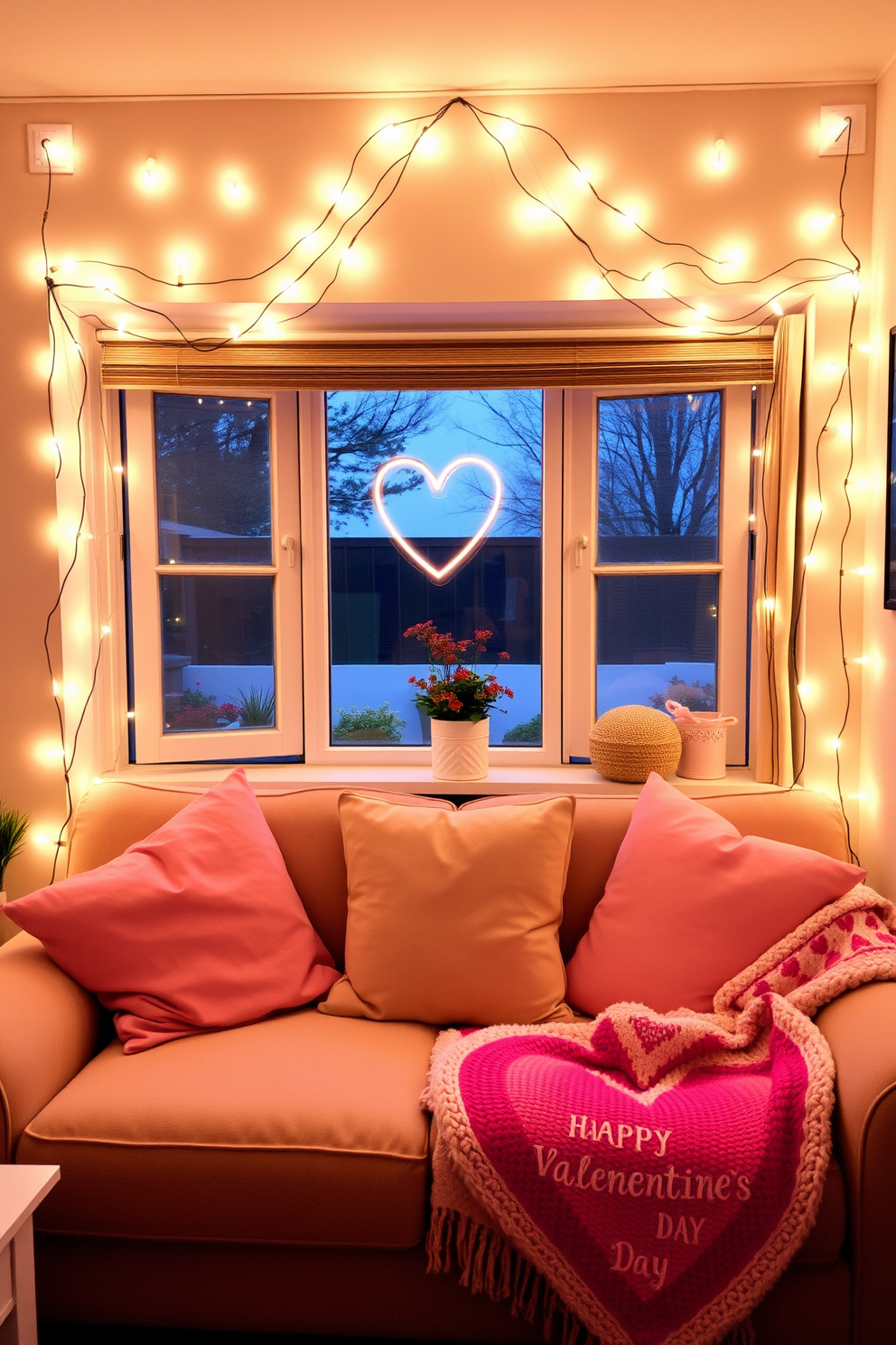 A cozy small living room adorned with romantic fairy lights draped around the windows creating a warm and inviting atmosphere. Soft pastel cushions are arranged on a plush sofa, complemented by a heart-themed throw blanket to celebrate Valentine's Day.