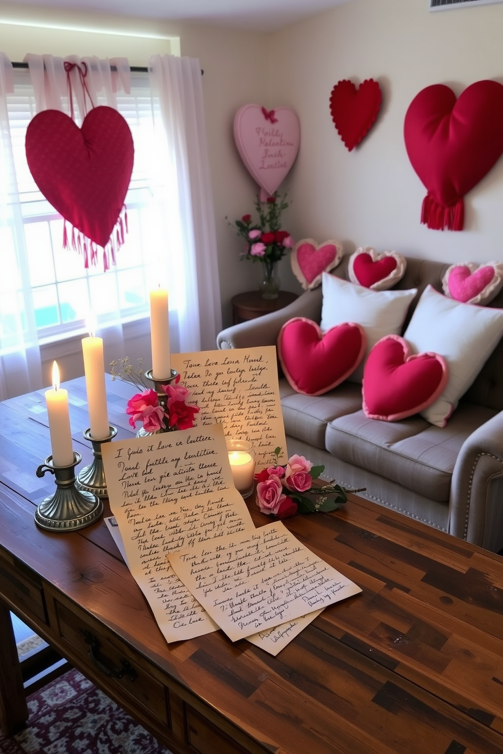 A charming vintage love letter display is arranged on a rustic wooden table. The letters are beautifully aged and feature elegant handwriting, surrounded by soft candlelight and delicate floral accents. In the small living room, Valentine's Day decorations include heart-shaped pillows on a cozy sofa. A romantic color palette of reds and pinks enhances the warm and inviting atmosphere.