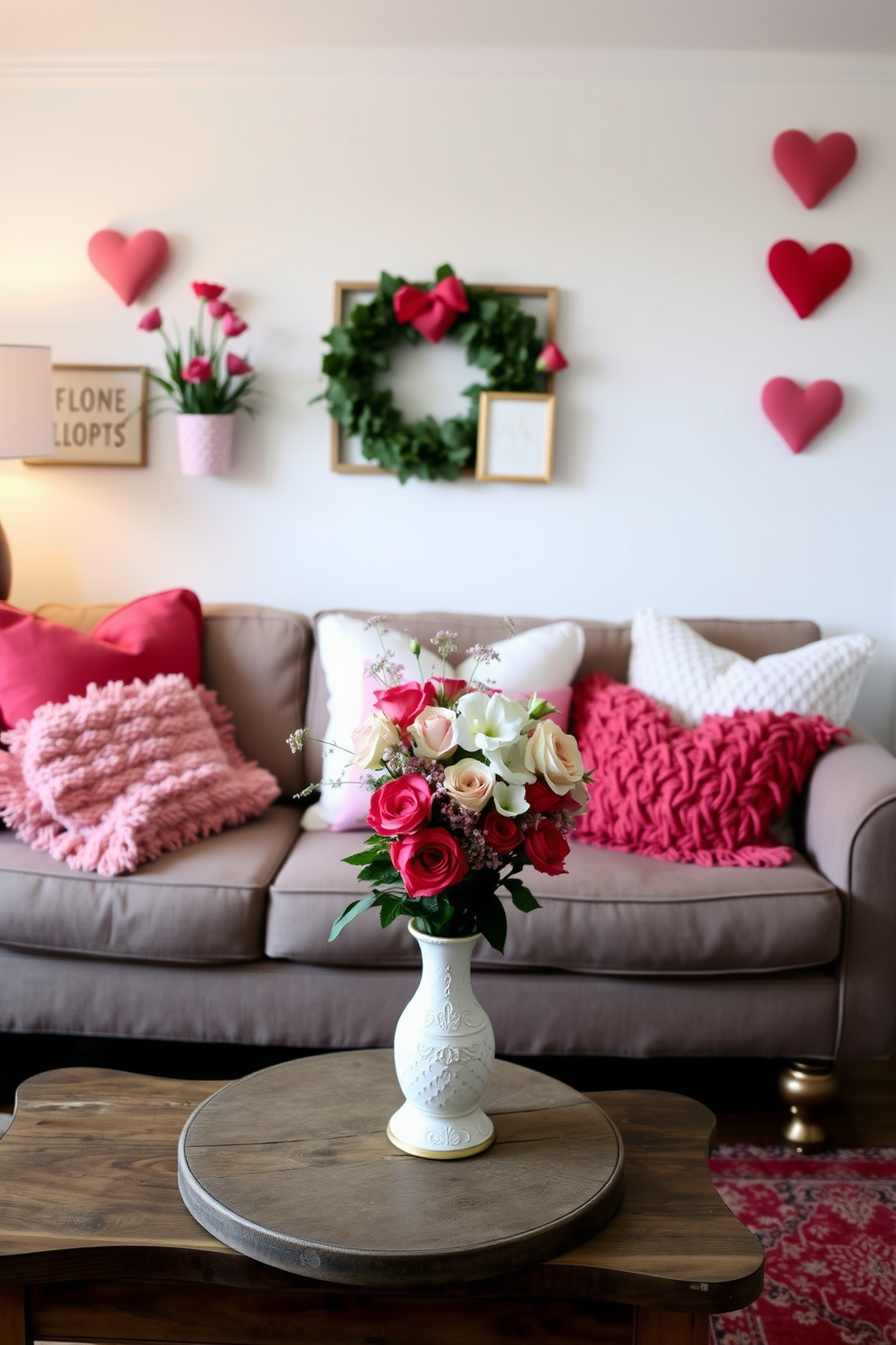 A cozy small living room adorned for Valentine's Day. Fresh flowers in a vintage vase sit on a rustic coffee table, surrounded by soft throw pillows in shades of pink and red.