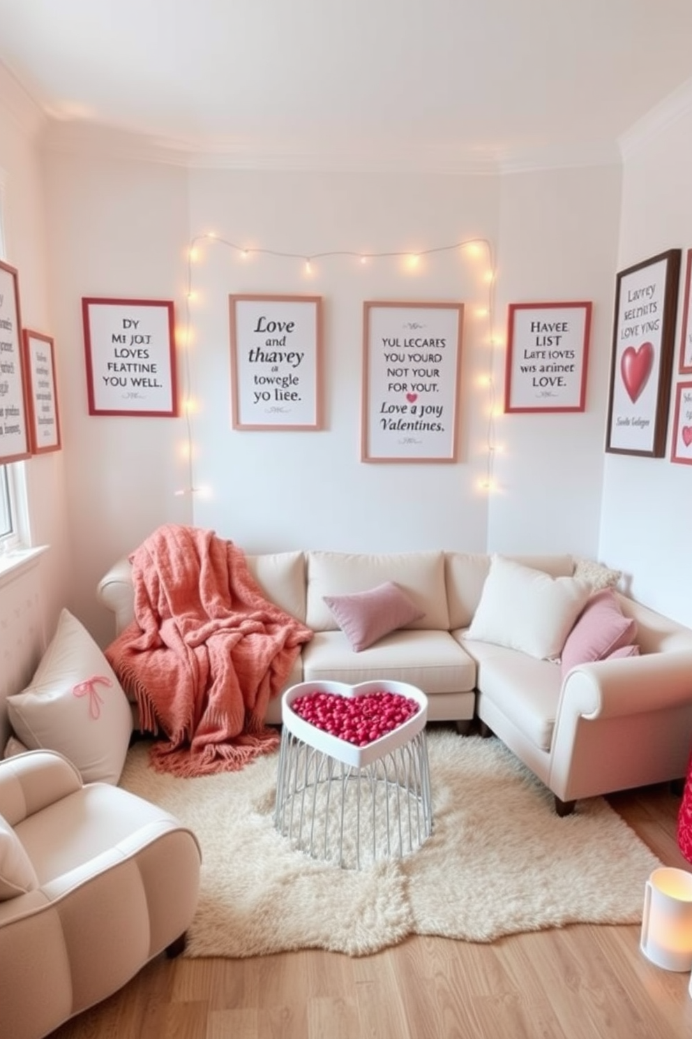 A cozy small living room adorned with love quotes framed on the walls. The decor features soft pastel colors, with a plush sofa and a heart-shaped coffee table in the center. A warm throw blanket is draped over the sofa, and scattered cushions add a touch of comfort. Delicate fairy lights are strung along the windows, creating a romantic ambiance for Valentine's Day.