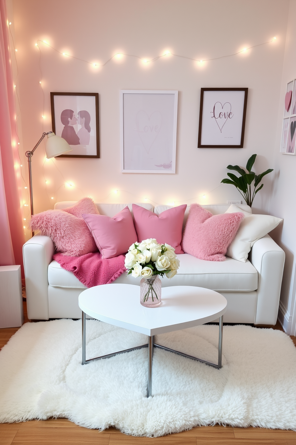 A cozy small living room decorated for Valentine's Day features a soft pink and white color scheme. Plush cushions in various shades of pink adorn a white sofa, while delicate string lights create a warm ambiance. A heart-shaped coffee table sits at the center, topped with a bouquet of fresh white flowers in a pink vase. The walls are adorned with framed love-themed artwork, and a soft white rug adds comfort underfoot.