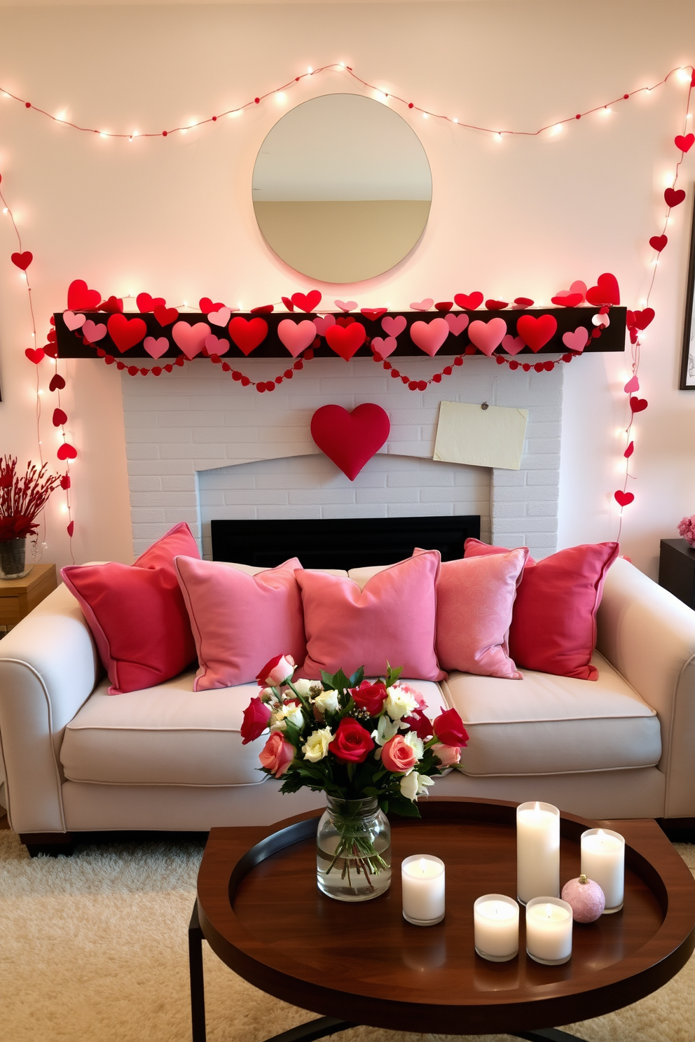 A cozy living room adorned for Valentine's Day. Decorative heart garlands drape elegantly across the mantel, adding a touch of romance to the space. Soft throw pillows in shades of pink and red are arranged on a plush sofa. A small coffee table features a bouquet of fresh flowers and heart-shaped candles to enhance the festive atmosphere.