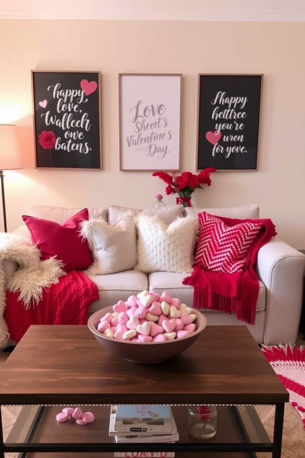 A cozy small living room decorated for Valentine's Day. A bowl filled with heart-shaped decorative candies sits on a coffee table surrounded by soft pink and red accents. The walls are adorned with romantic artwork featuring love quotes. Plush cushions and throws in various shades of red and white add warmth and comfort to the seating area.