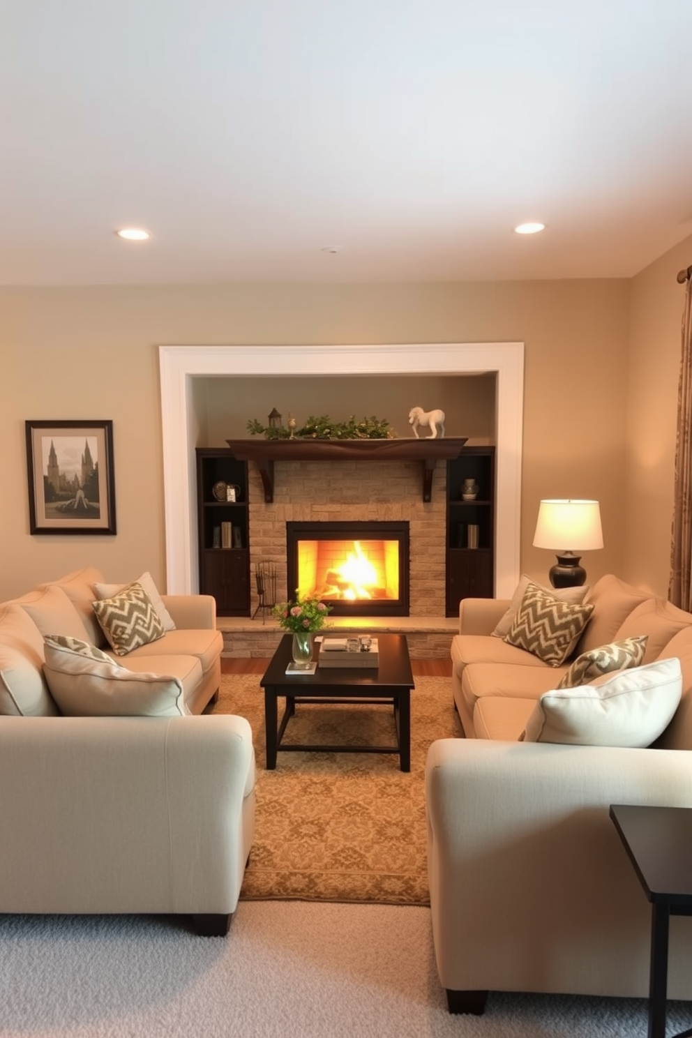 Cozy sectional sofa arranged around a warm, inviting fireplace. The walls are painted in soft beige, and a plush area rug anchors the seating area, enhancing the room's comfort.