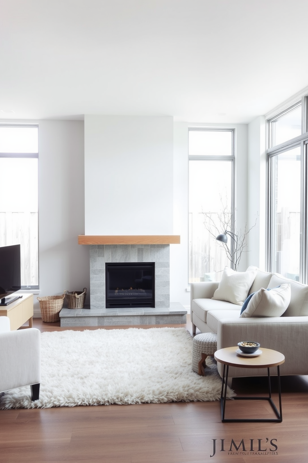 A minimalist fireplace design in a small living room creates a cozy yet uncluttered atmosphere. The fireplace features a sleek, linear design with a simple stone surround and a subtle wood mantel above. Surrounding the fireplace, the room is adorned with neutral-toned furniture that emphasizes space and light. A plush area rug anchors the seating arrangement, while large windows allow natural light to flood the room, enhancing the minimalist aesthetic.