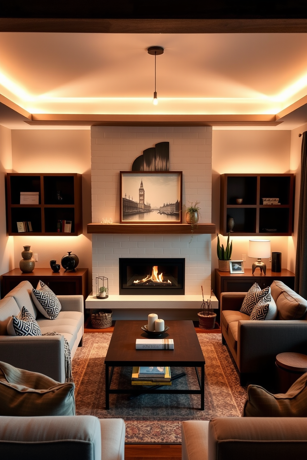 A cozy small living room featuring layered lighting to create a warm ambiance. The space includes a stylish fireplace as the focal point, surrounded by comfortable seating and decorative accents.