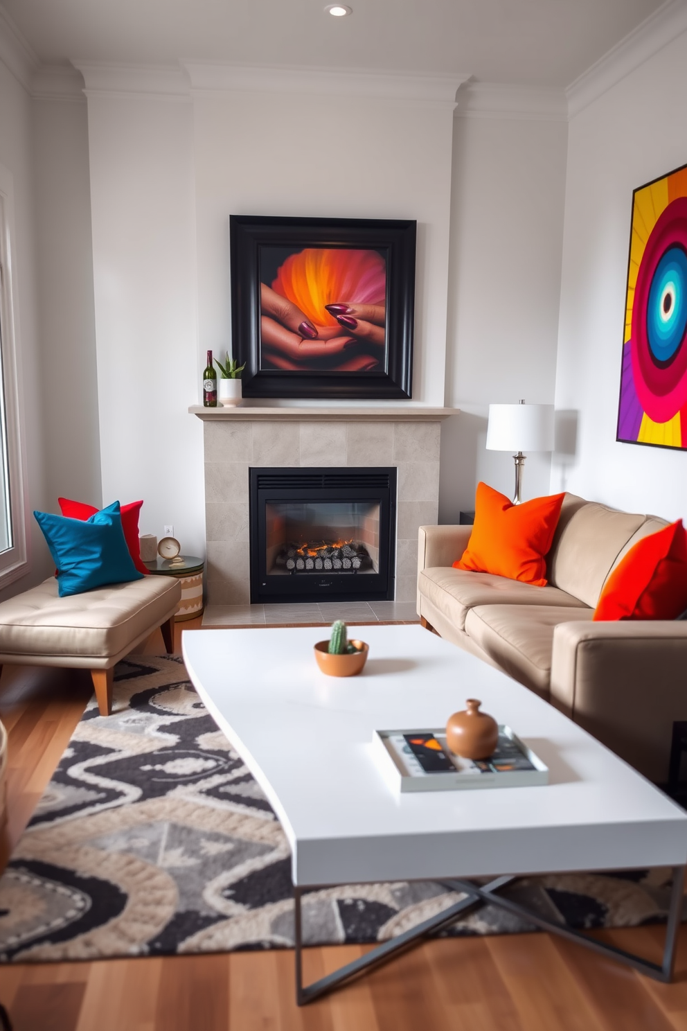 A small living room features a cozy fireplace as the focal point. Bright throw pillows in vibrant colors are scattered across a neutral-toned sofa, adding a lively touch to the space. A stylish area rug anchors the seating arrangement, while a modern coffee table sits in front of the sofa. Artwork with bold hues adorns the walls, enhancing the room's overall aesthetic and inviting warmth.