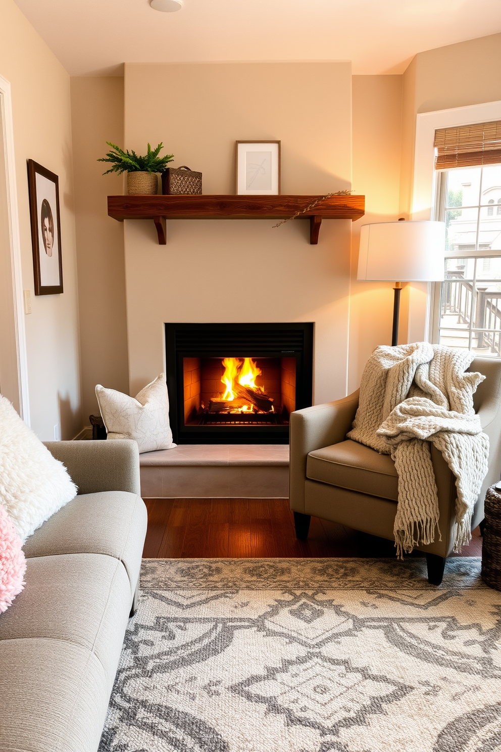 A cozy small living room featuring a warm fireplace as the focal point. The space is adorned with soft textiles including plush throw pillows and a chunky knit blanket draped over a comfortable armchair. The walls are painted in a soft beige tone to enhance the warmth of the room. A stylish area rug anchors the seating area, providing a touch of comfort underfoot while complementing the overall design.