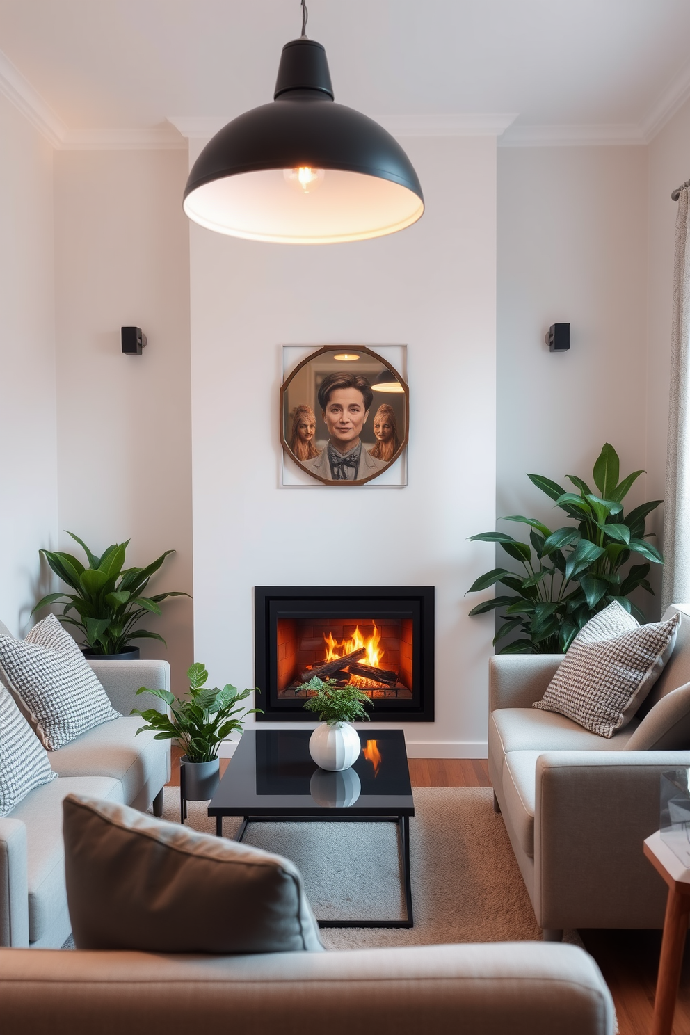 A cozy small living room featuring a modern fireplace as the focal point. The space is adorned with lush green plants in stylish pots, adding a touch of freshness and vibrancy. The seating area includes a comfortable sofa with textured cushions and a sleek coffee table. Warm lighting fixtures create an inviting atmosphere, enhancing the overall design.