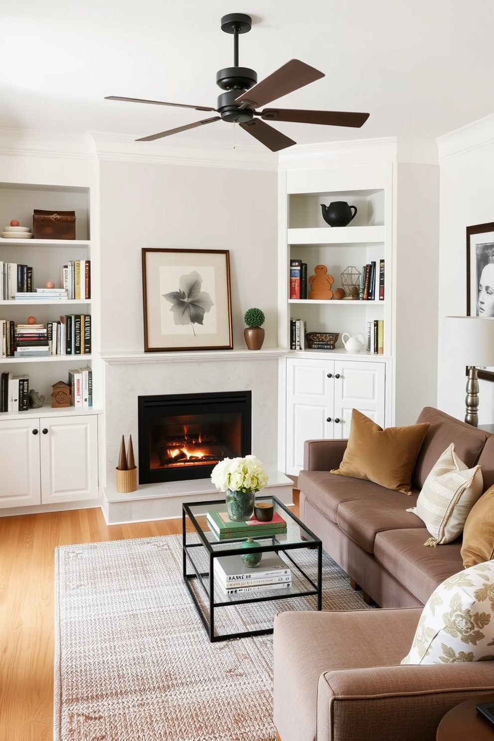 A cozy small living room featuring a corner fireplace that serves as a focal point. The fireplace is surrounded by built-in shelves filled with books and decorative items, creating a warm and inviting atmosphere. The seating arrangement includes a plush sectional sofa positioned to maximize space, complemented by a stylish coffee table. Soft throw pillows and a textured area rug add comfort and style to the overall design.