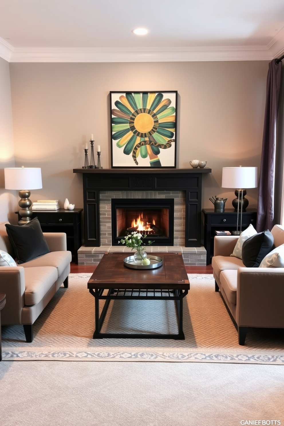 A small living room features a cozy fireplace as the focal point. Above the fireplace, a statement art piece adds a pop of color and personality to the space. The room is furnished with a plush sofa and a pair of stylish armchairs arranged around a rustic coffee table. Soft lighting from table lamps creates a warm and inviting atmosphere, enhancing the overall design.