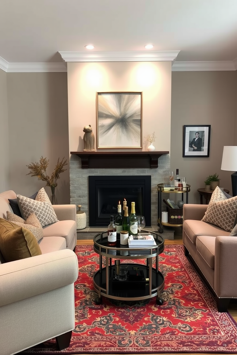 A cozy small living room features a stylish fireplace as the focal point, surrounded by a comfortable seating arrangement with plush sofas and accent chairs. A small bar cart is elegantly positioned nearby, stocked with an assortment of spirits and glassware, enhancing the inviting atmosphere. The walls are painted in a warm neutral tone, complemented by soft lighting that creates a relaxing ambiance. Decorative elements like a vibrant area rug and tasteful artwork add personality to the space, making it perfect for entertaining guests.