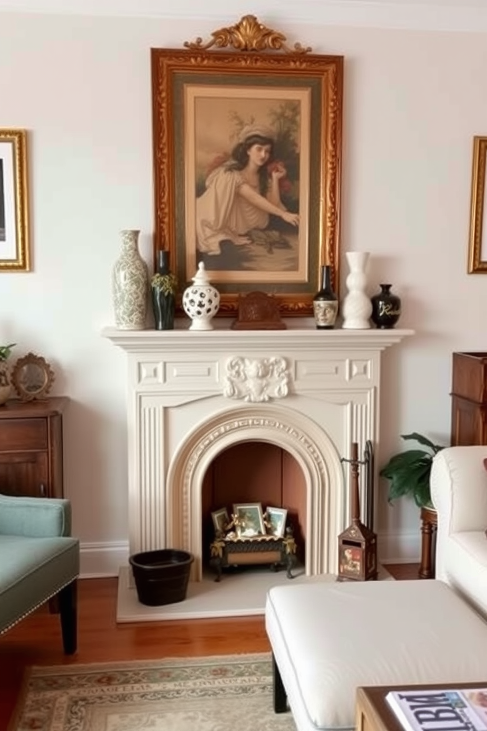 A cozy small living room features a charming fireplace with an elegant mantel designed for decor. The mantel is adorned with framed artwork and a collection of decorative vases, creating a warm and inviting atmosphere.