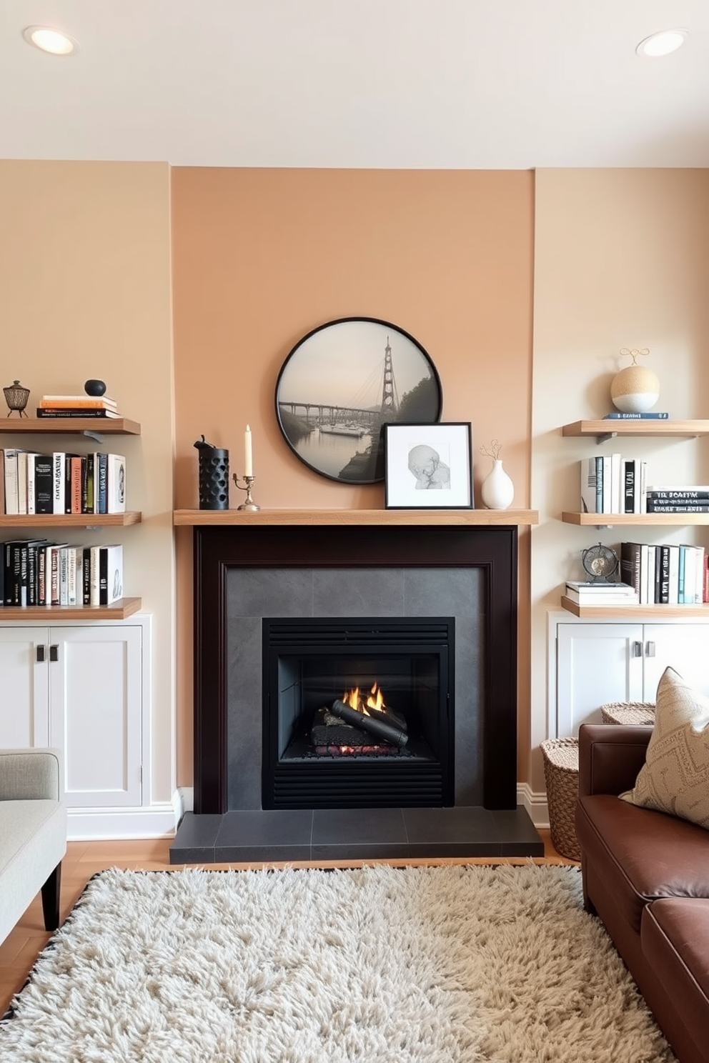 A cozy small living room featuring a fireplace as the focal point. On either side of the fireplace, there are stylish floating shelves filled with books and decorative items. The walls are painted in a warm beige tone that complements the natural wood of the shelves. A plush area rug lies beneath a comfortable seating arrangement, creating an inviting atmosphere.