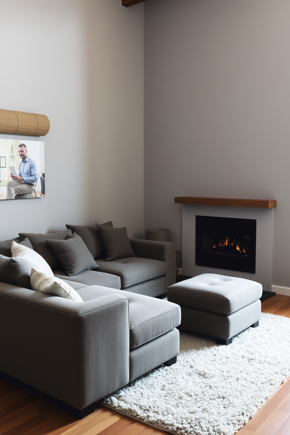 A cozy small living room featuring a sectional sofa with a chaise lounge positioned near a modern fireplace. The walls are painted in a soft gray, and a plush area rug lies beneath the seating area, enhancing the warmth of the space.