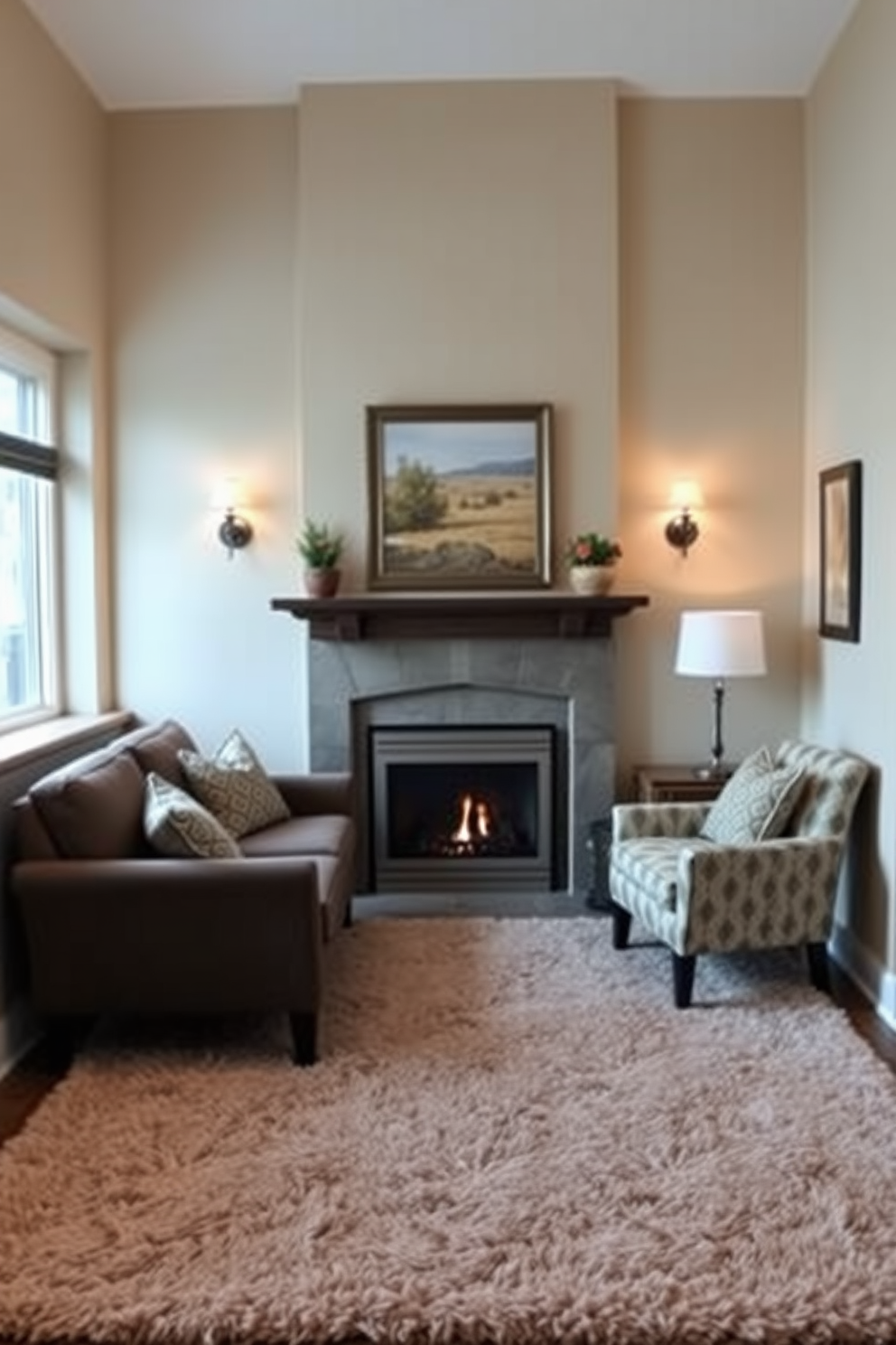 A cozy small living room features a warm fireplace as the focal point. The walls are painted in a soft beige, and a plush area rug defines the seating area. A comfortable sofa is positioned in front of the fireplace, complemented by a pair of accent chairs. Wall sconces are mounted on either side of the fireplace, providing additional lighting for the space.