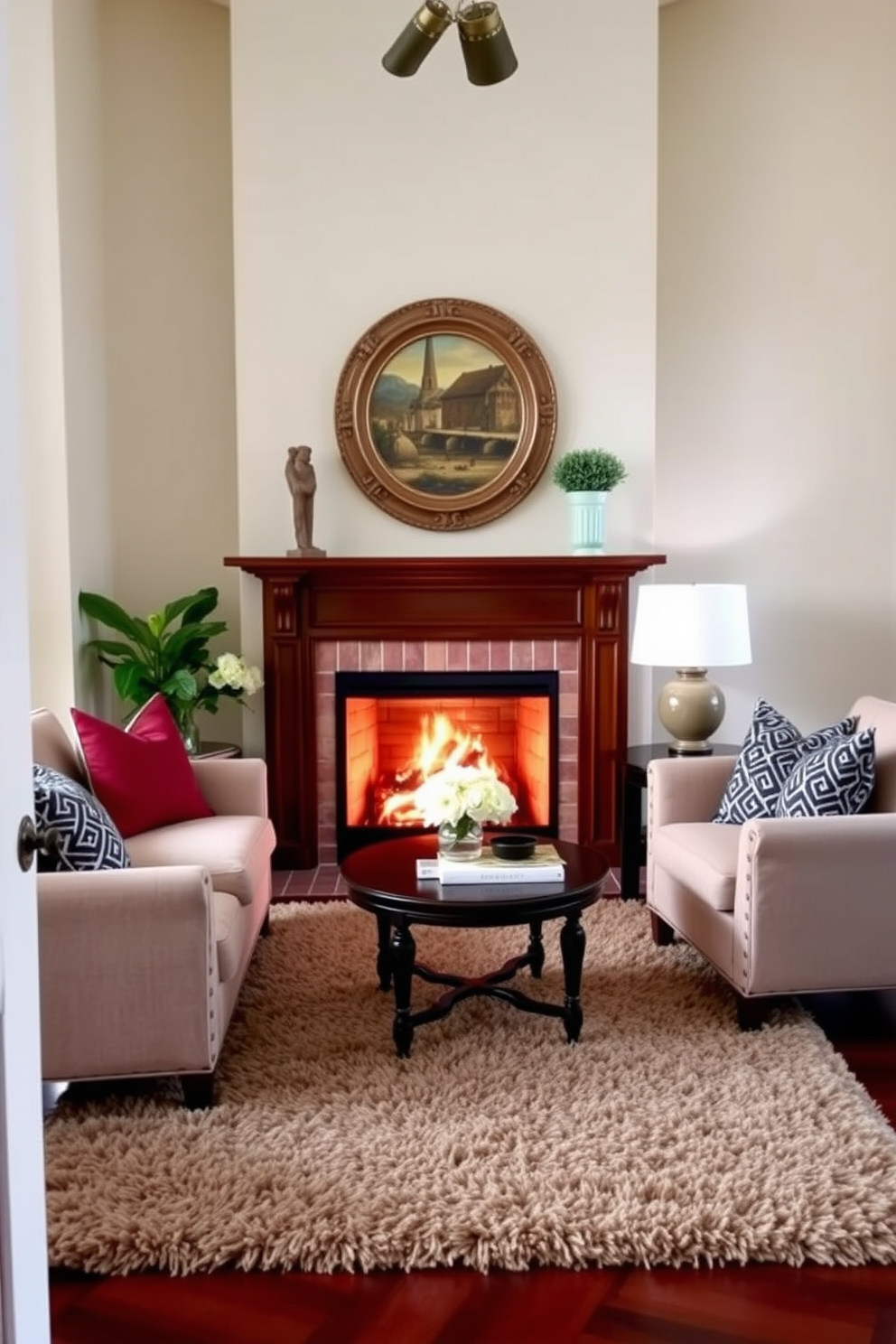 Create a cozy small living room centered around a traditional fireplace with a wooden mantel. On either side of the fireplace, place matching armchairs upholstered in a soft fabric, complemented by a round coffee table in the middle. Incorporate a plush area rug that anchors the seating area, adding warmth and texture. Use a neutral color palette for the walls and furniture, accented by colorful throw pillows to enhance the inviting atmosphere.