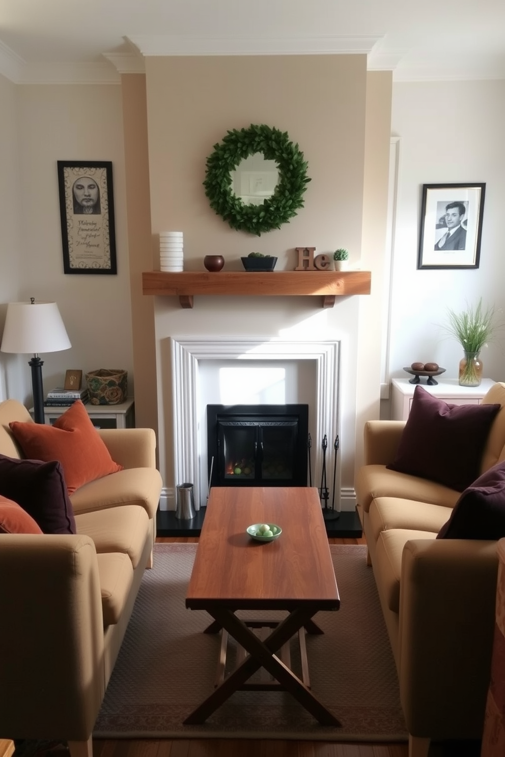 A cozy small living room featuring a foldable dining table that can be easily tucked away when not in use. The space is centered around a charming fireplace with a rustic mantel, surrounded by comfortable seating and warm accents.