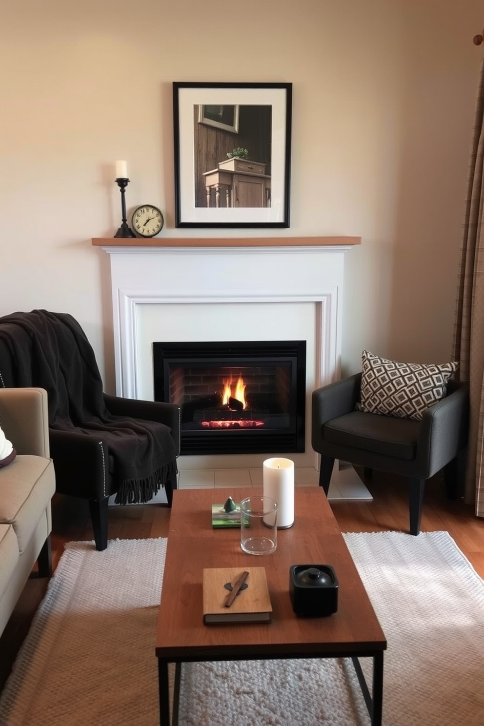 A cozy small living room features a warm fireplace as the focal point. Soft lighting creates an inviting atmosphere, and a plush throw blanket is draped over a stylish armchair. The walls are painted in a soft beige, complementing the natural wood accents throughout the space. A small coffee table sits in front of the seating area, adorned with a few carefully selected decorative items.