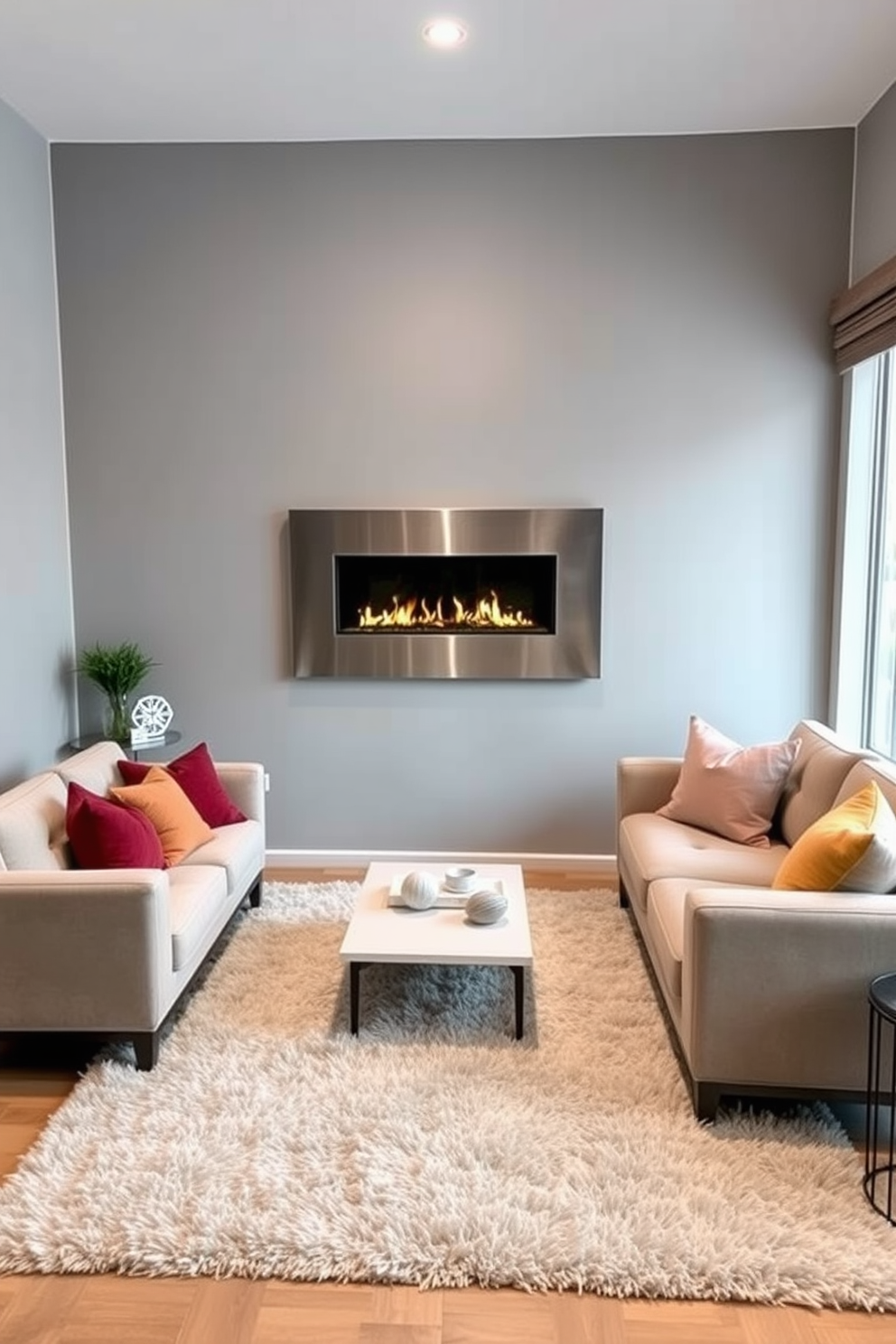 A cozy small living room features a sleek modern fireplace with a polished steel finish as the focal point. The walls are painted in a soft gray tone, complemented by a plush area rug in neutral shades that anchors the seating area. The furniture arrangement includes a stylish sectional sofa adorned with colorful throw pillows, inviting relaxation. A minimalist coffee table sits in front of the sofa, while a few carefully chosen decor pieces add personality to the space.