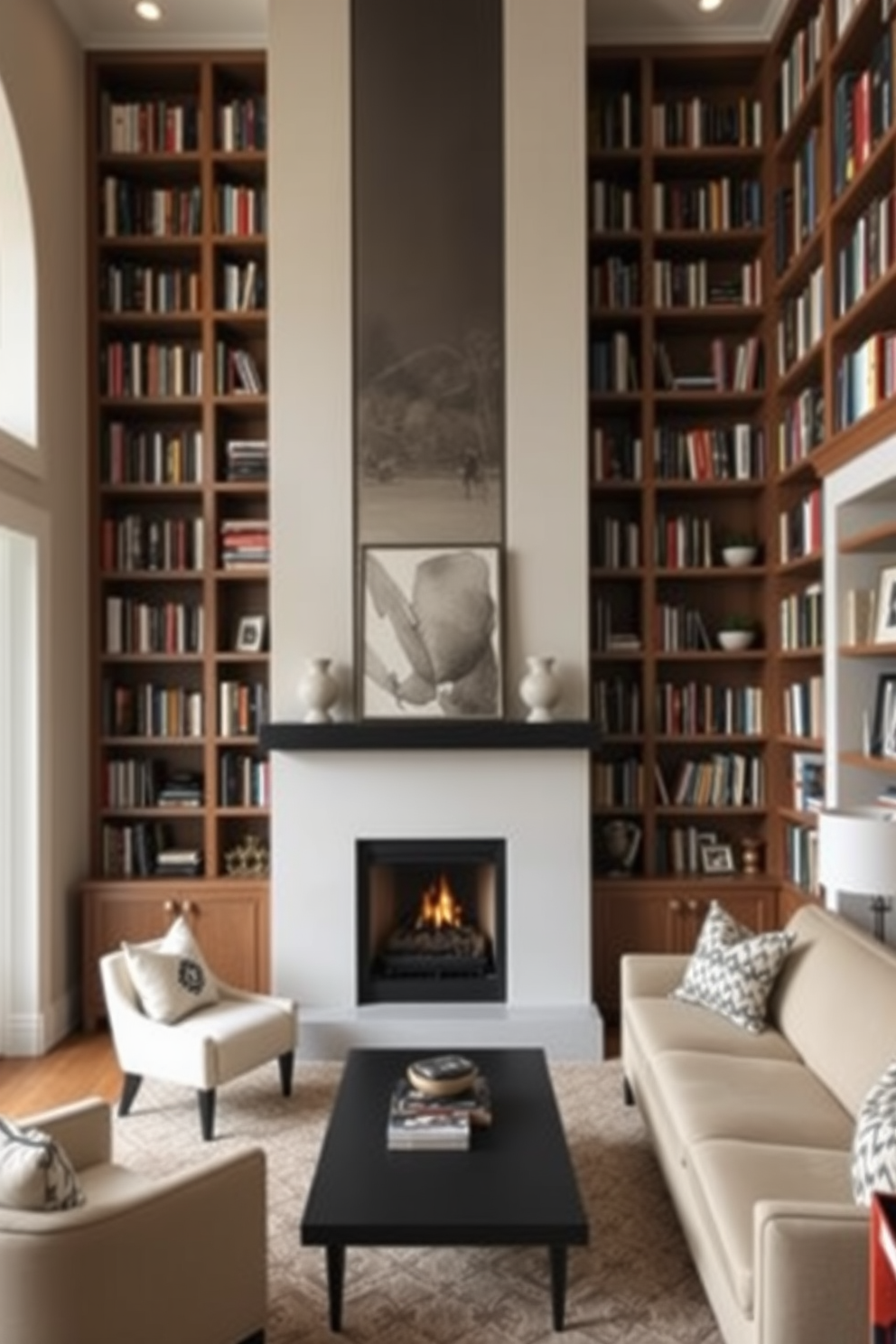 A cozy small living room featuring a stylish fireplace as the focal point. Tall bookshelves line the walls, reaching up to the ceiling, filled with books and decorative items to utilize vertical space effectively. The fireplace is surrounded by a comfortable seating arrangement, including a plush sofa and accent chairs. Soft lighting fixtures are strategically placed to create a warm and inviting atmosphere.