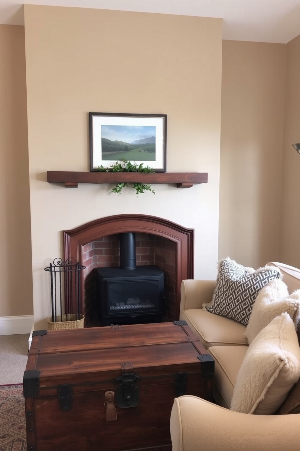 A cozy small living room features a charming fireplace as the focal point. A vintage trunk is placed in front of the seating area, providing both storage and a unique decorative element. The walls are painted in a warm beige tone, complementing the rich brown of the wooden mantel above the fireplace. Plush cushions in various textures adorn a comfortable sofa, creating an inviting atmosphere for relaxation.