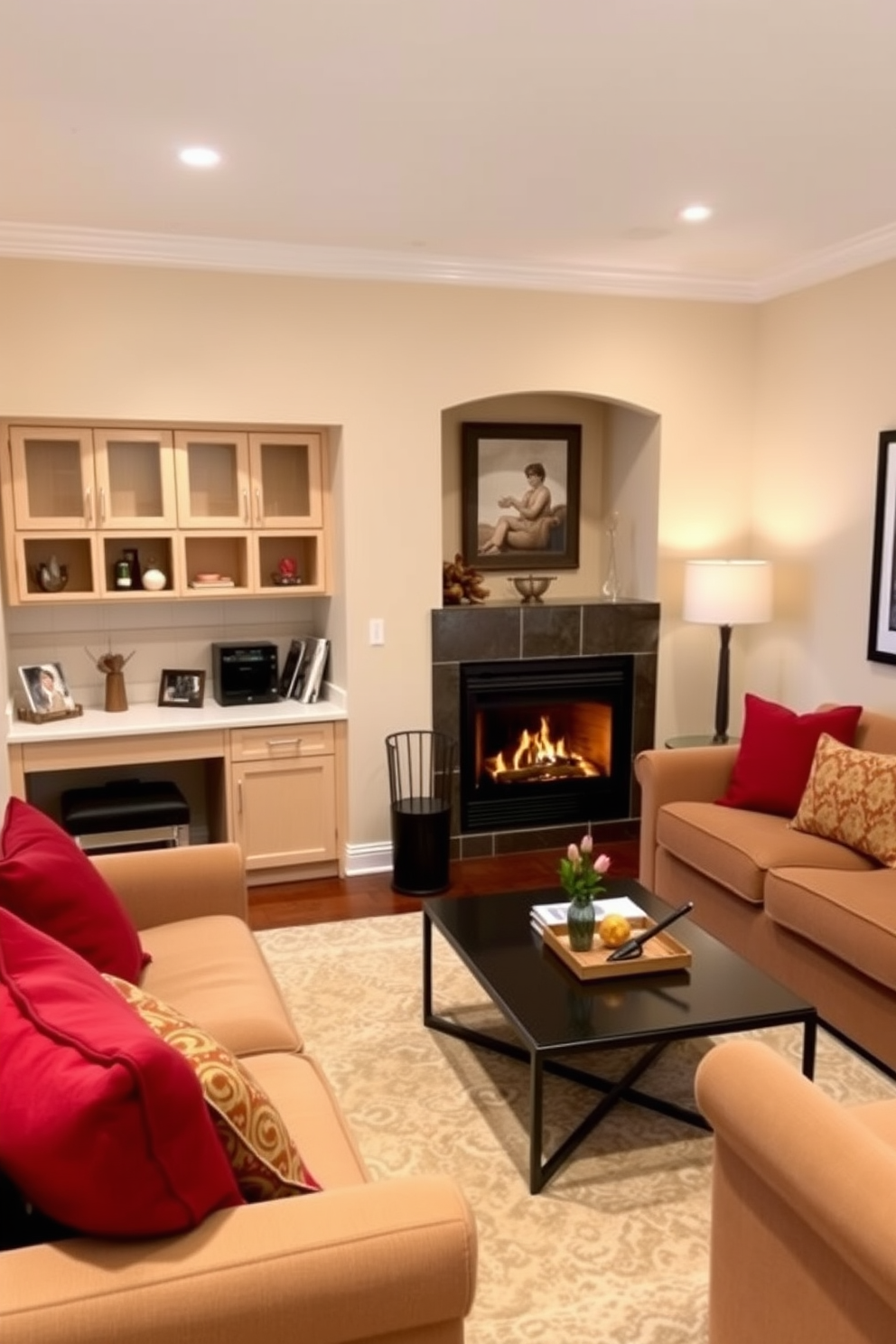 A cozy small living room featuring a warm fireplace as the focal point. A compact desk is integrated into the design, providing a functional work area without sacrificing style. The walls are painted in soft beige tones, creating a welcoming atmosphere. Plush seating arrangements with colorful cushions surround a stylish coffee table, enhancing comfort and aesthetics.