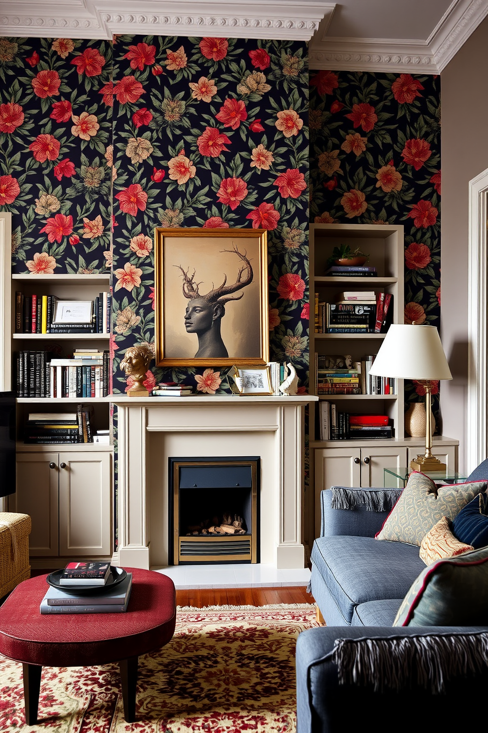 A small living room featuring an accent wall adorned with bold wallpaper that showcases a vibrant floral pattern. The room includes a cozy fireplace framed by built-in shelves filled with books and decorative items, creating an inviting atmosphere.