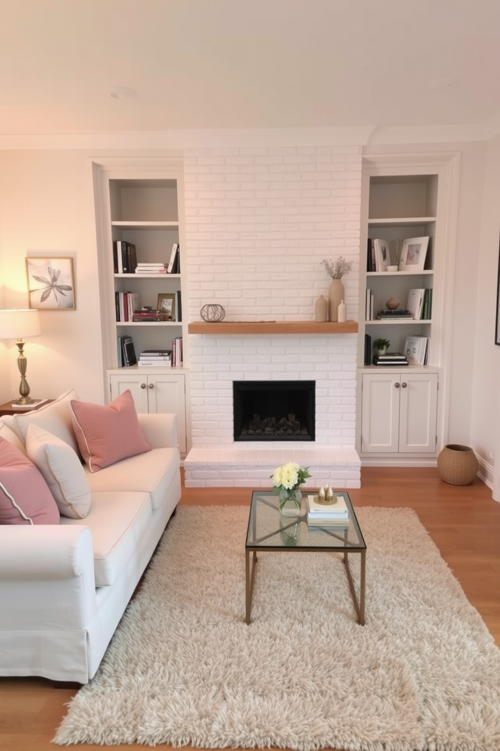 A cozy small living room featuring a soft beige sofa adorned with pastel throw pillows. The focal point is a white brick fireplace, elegantly framed by built-in shelves filled with books and decorative items. The walls are painted in a light pastel hue, creating a calm and inviting atmosphere. A plush area rug in neutral tones anchors the space, while a small coffee table with a glass top adds a touch of sophistication.