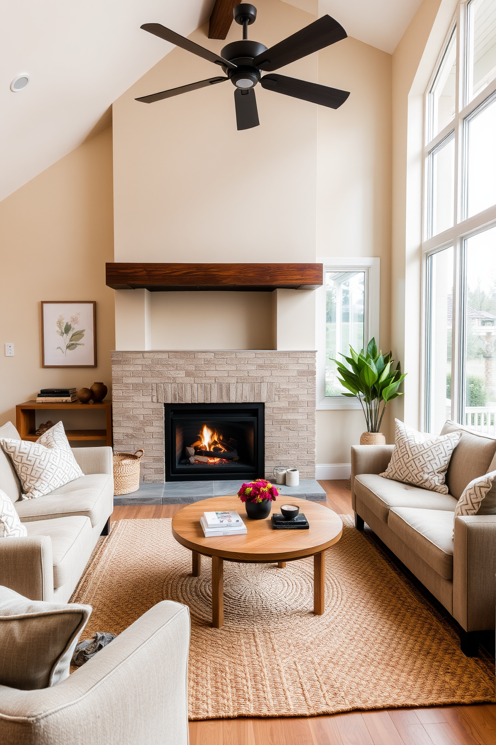 A cozy small living room with a warm fireplace as the focal point. The room features a round coffee table at the center, surrounded by plush seating that invites relaxation. The walls are painted in a soft beige, enhancing the natural light that pours in through the large windows. A woven rug lies beneath the coffee table, adding texture and warmth to the space.