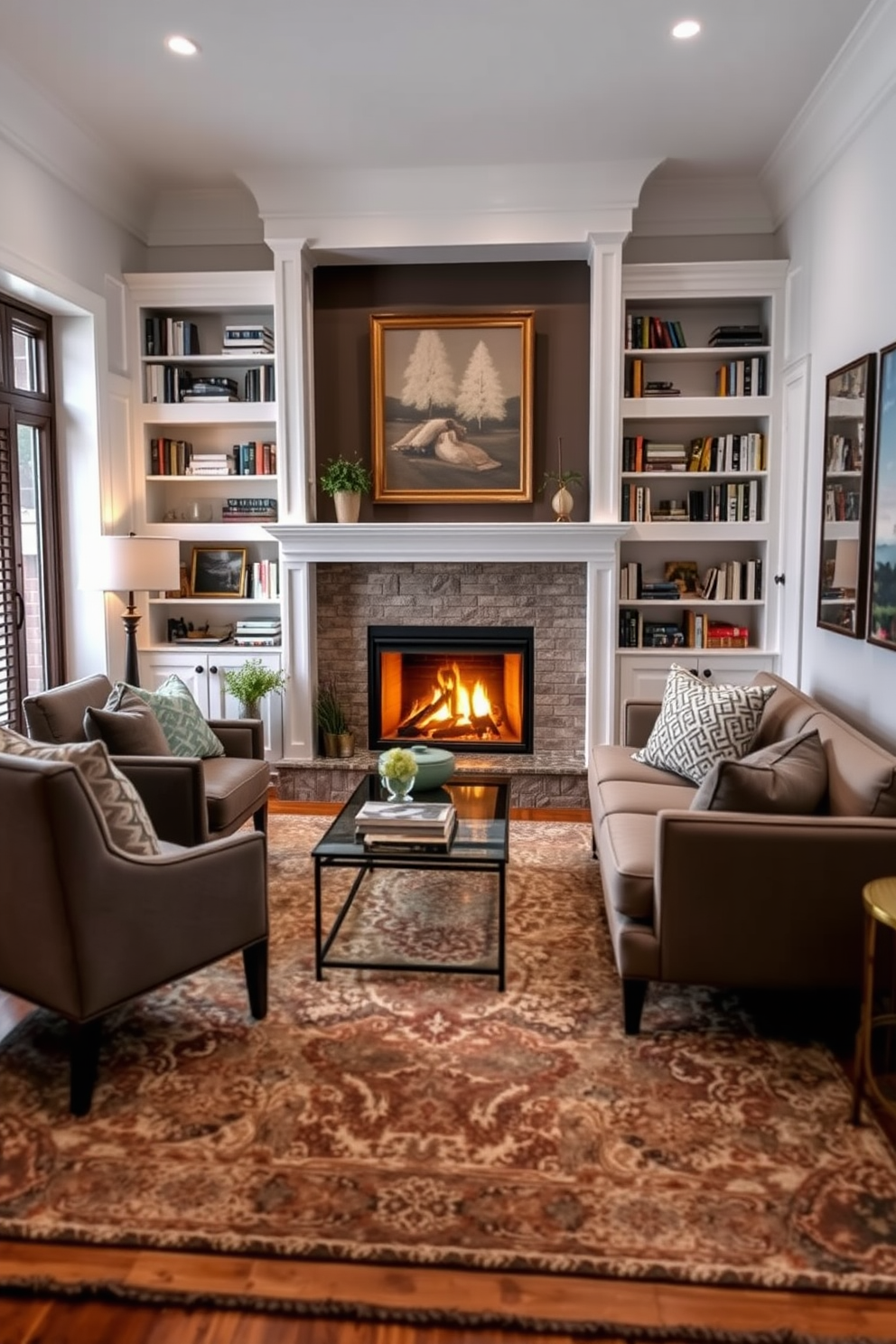 A cozy small living room features a warm fireplace as the focal point, surrounded by built-in shelves filled with books and decorative items. A large area rug anchors the space, adding texture and warmth, while a comfortable sofa faces the fireplace, complemented by stylish armchairs on either side.