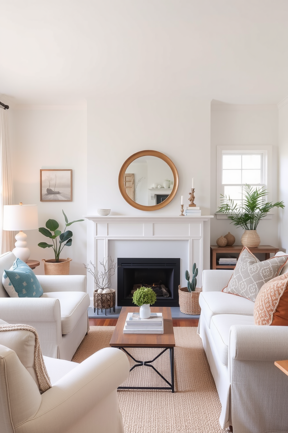 Light-colored furniture creates an airy and inviting atmosphere in a small living room. A cozy fireplace serves as a focal point, surrounded by soft textures and warm accents to enhance the comfort of the space.