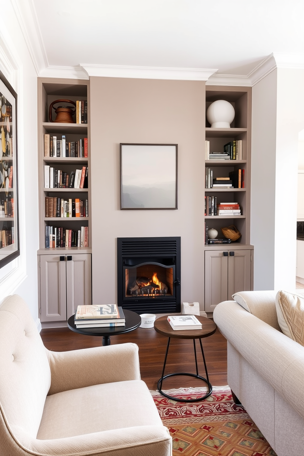 Create a cozy reading nook by the window with a plush armchair upholstered in soft fabric. A small side table holds a stack of books and a steaming cup of tea, while a warm throw blanket drapes over the arm of the chair. In the small living room, a modern fireplace serves as the focal point, surrounded by built-in shelves filled with books and decorative items. The room features a neutral color palette, with a comfortable sofa and a stylish area rug to tie the space together.