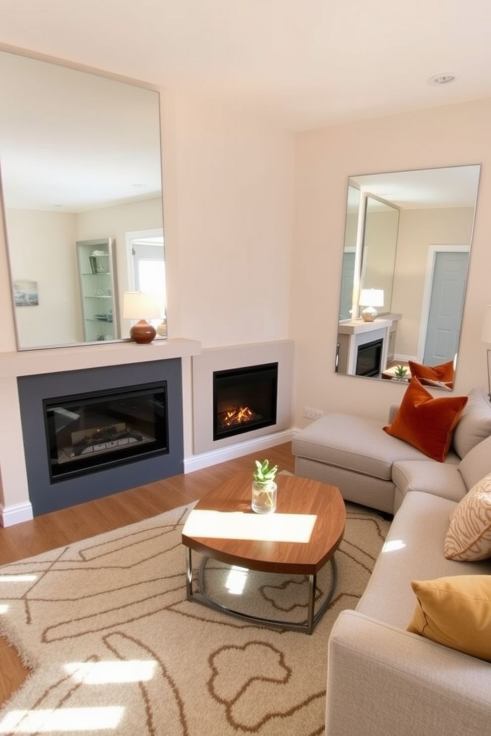 A cozy small living room featuring a modern fireplace as the focal point. The walls are painted in a soft beige, and large mirrors are strategically placed to reflect natural light, enhancing the sense of space. The furniture includes a plush sectional sofa in a light gray fabric, paired with a wooden coffee table. A few decorative pillows in warm tones add a pop of color, while a stylish area rug anchors the seating arrangement.