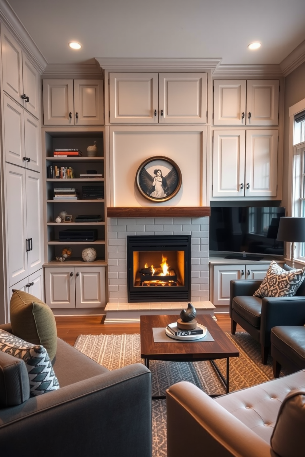 A cozy small living room featuring built-in cabinets for ample storage. The room includes a stylish fireplace as the focal point, complemented by comfortable seating and warm lighting.