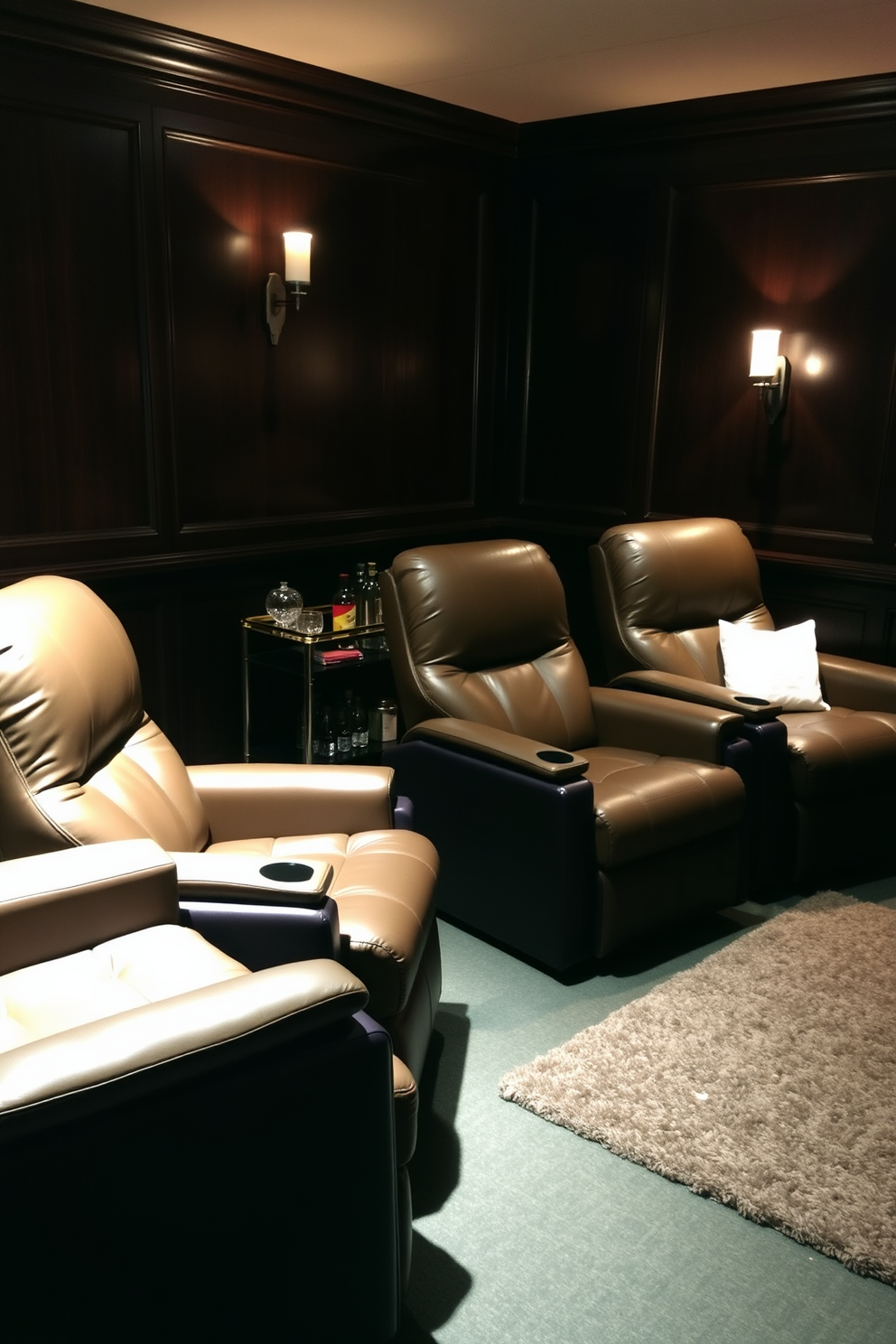 Cozy leather recliners are arranged in a semi-circle, providing an inviting space for relaxation. The walls are adorned with dark wood paneling, and a plush area rug anchors the seating area. In the corner, a small bar cart holds an assortment of beverages and glassware. Soft, ambient lighting from stylish sconces creates a warm and intimate atmosphere.