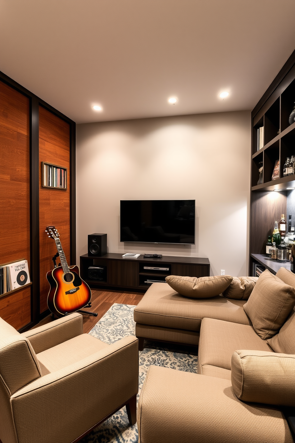 A cozy acoustic guitar corner designed for music lovers features a comfortable armchair placed next to a wooden stand holding a beautiful acoustic guitar. The walls are adorned with sound-absorbing panels in warm tones, and a small bookshelf filled with music books and vinyl records adds character to the space. A stylish small man cave incorporates a plush sectional sofa facing a sleek entertainment center with a large flat-screen TV. The room is accented with dark wood finishes, ambient lighting, and a mini bar stocked with favorite beverages, creating the perfect retreat for relaxation and entertainment.